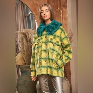 🔵 145B. Fuzzy Multi Plaid Button Front Jacket - Yellow/Green